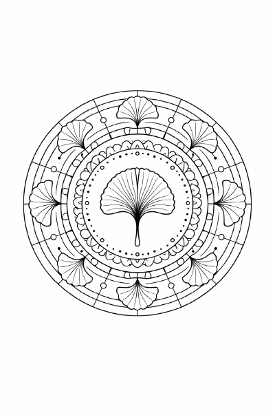 Ginkgoblatt Mandala in Schwarz-Weiß