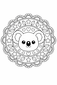Koala-Mandalazeichnung mit Eukalyptusblättern