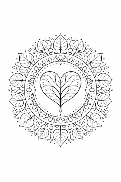 Herzblatt-Mandala in präzise Linienkunst
