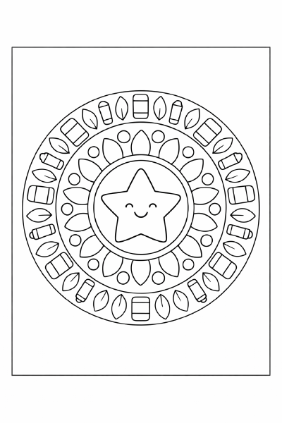 Fröhlicher Mandala mit Schulsymbolen