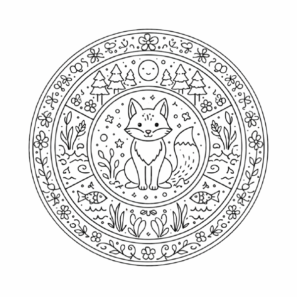 Schule Symmetrische Mandala mit einem Fuchs