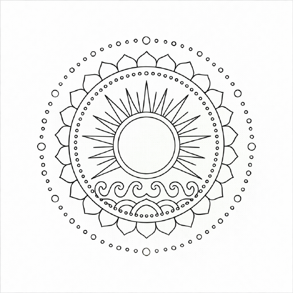 Symmetrisches Mandala mit Sonnensymbolen