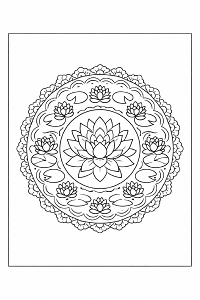 Eleganter Lotusgarten Mandala Ausmalbild