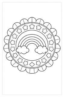 Regenbogenmandala mit Sternen und Blüten